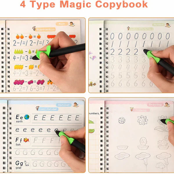 Magic Practice Copybook (4 Book +1 Pen +1 Grip + 10 Refill)